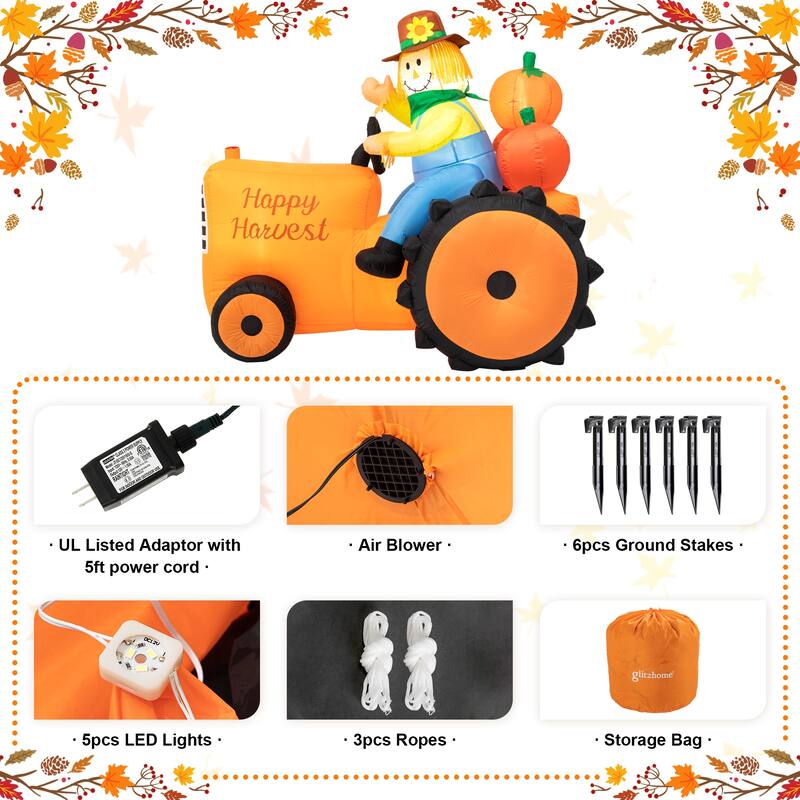 Glitzhome 7ft Fall Lighted Inflatable Tractor Scarecrow Decor