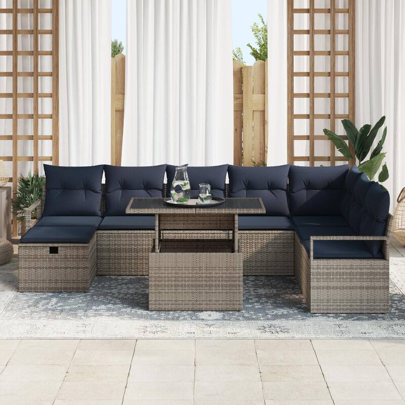 vidaXL 9 Garden Sofa Set with Cushions Black/Brown/Grey Poly Rattan - 113 x 69.7 x 27.2