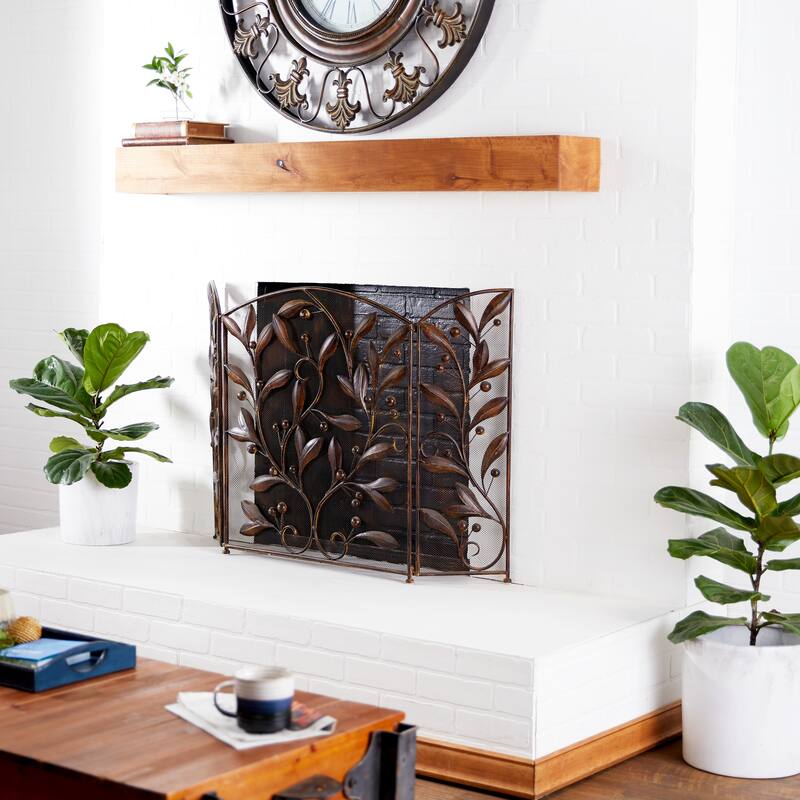 Brown Iron Eclectic Wood Fireplace Screen Floral 30 x 45