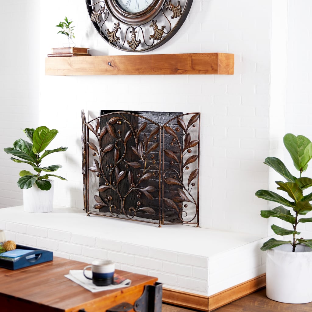 Brown Iron Eclectic Wood Fireplace Screen Floral 30 x 45
