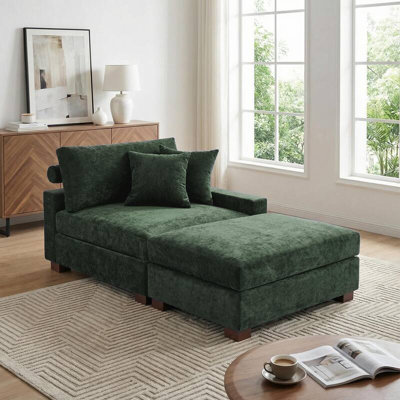 Modern Chenille Chaise Lounge Set with Ottoman