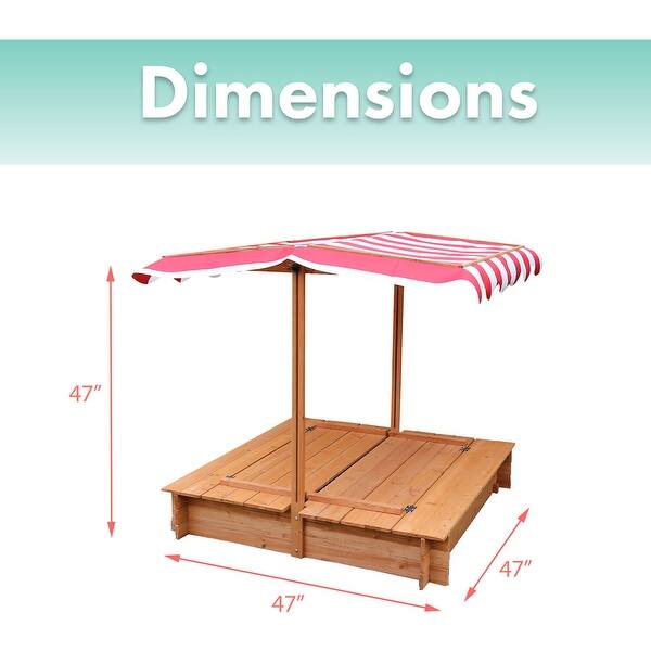Critter Sitters Children's Wooden Sand Box with 2 Foldable Benches, Red and White Striped Canopy, and Bottom Liner