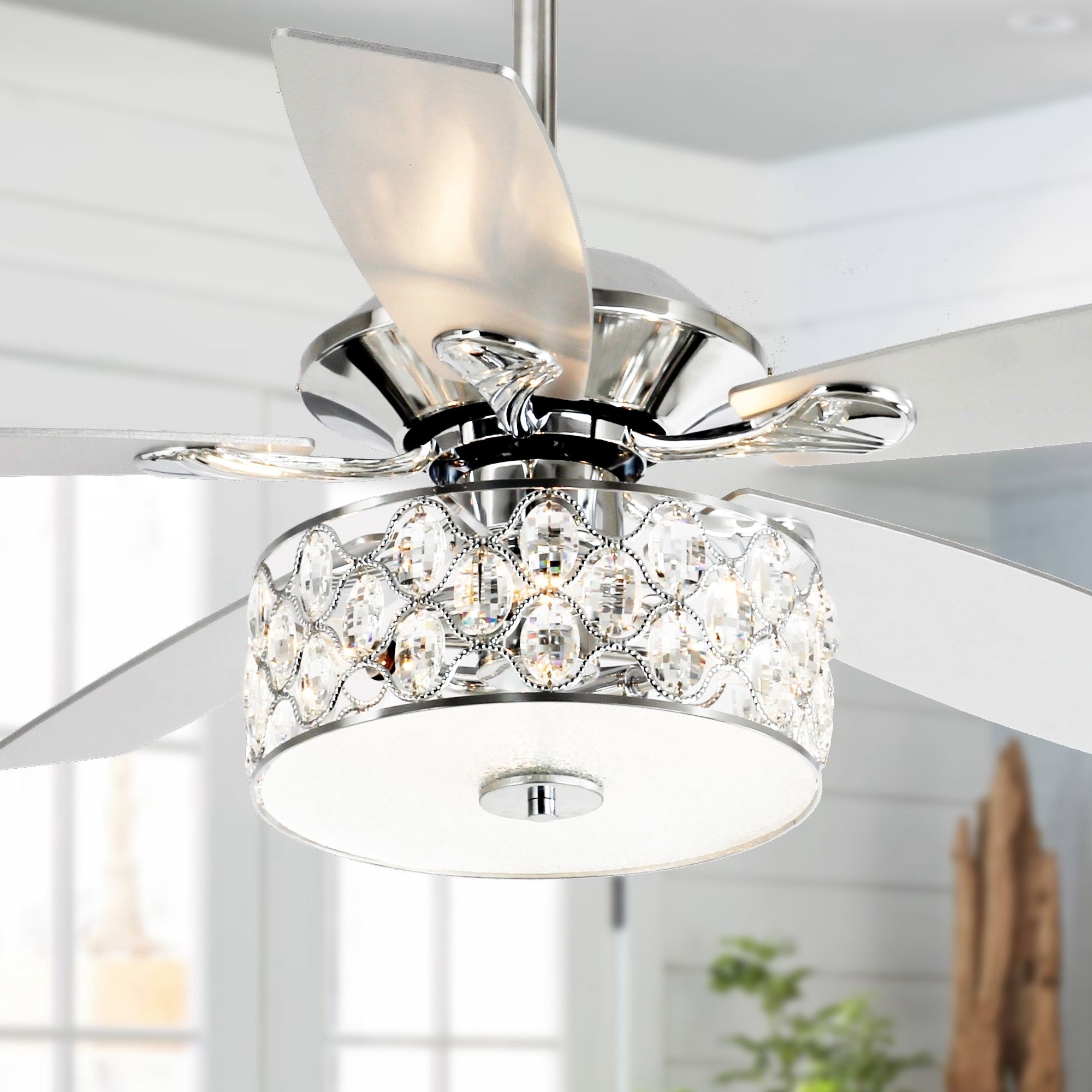 Modern Crystal 52" Wooden 4-Blade Ceiling Fan Lamp Elegant Nickel Chandelier 