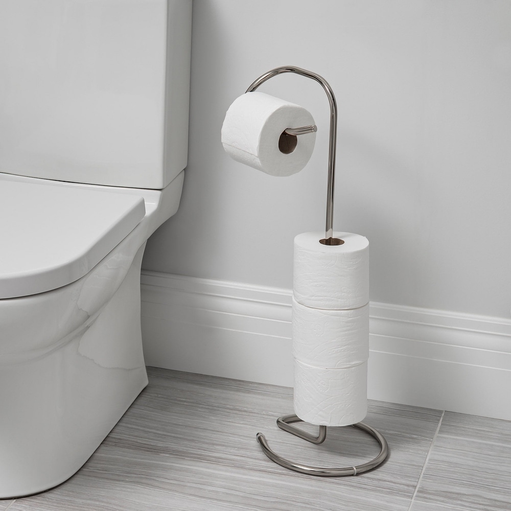 White Freestanding Bathroom Toilet Paper Roll Holder with Storage and Extra  Slot For Tissue Roll