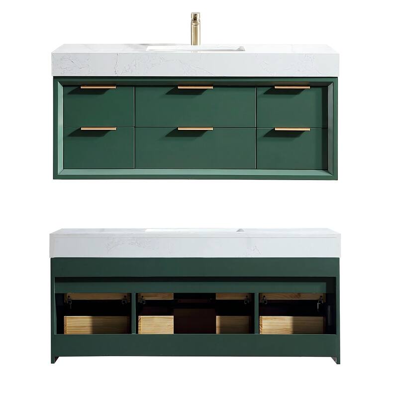 36/48/60 Modern LED Floating Bathroom Vanity with Single/Double Sink & Soft-Close Drawers & Waterproof, Green