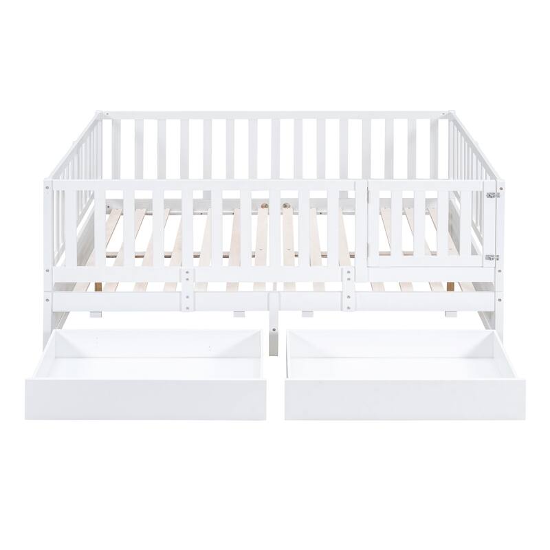 Wood Daybed with Fence Guardrails and 2 Drawers, Split into Independent Floor Bed & Daybed