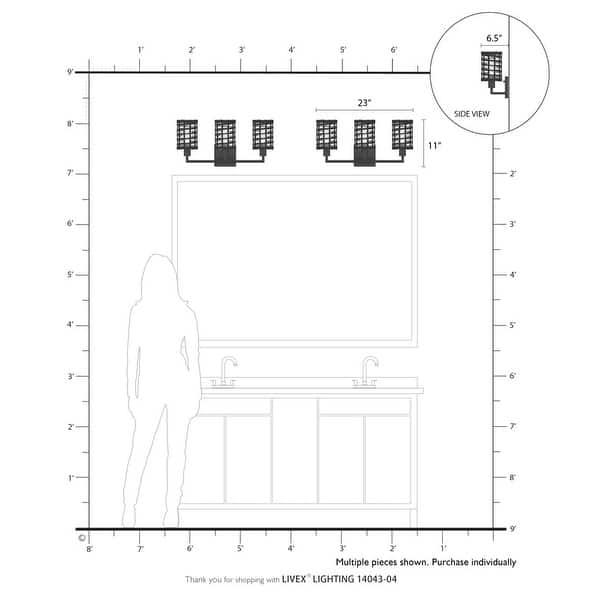 dimension image slide 0 of 3, Livex Lighting 3-light Black Finish Vanity Sconce, 14043-04 - 23" W x 11" H x 6.5" EXT