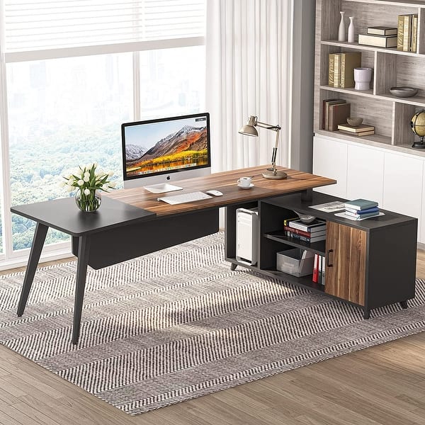 slide 2 of 14, 78.74-inch Large L-Shaped Computer Desk Brown