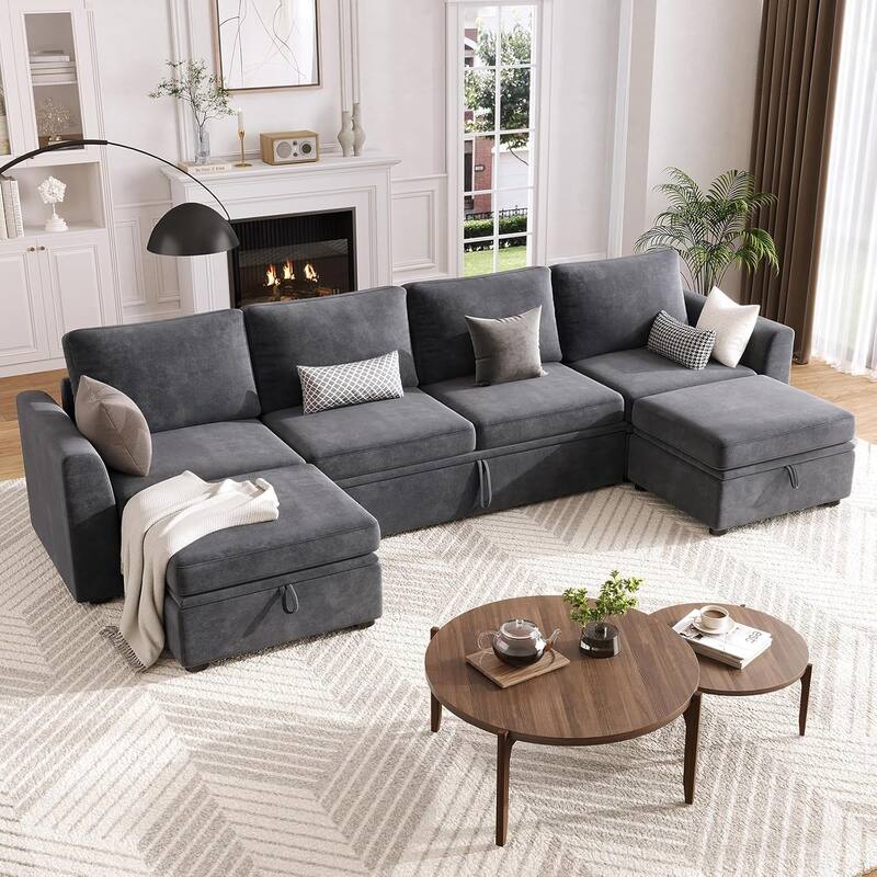 Sectional Sleeper Sofa with Pull Out Bed, Chenille Modular Sectional Couch