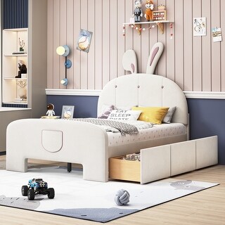 Full Size Velvet Platform Bed with Rabbit-Shaped Headboard, Wooden Bed with Drawers and Bed-End Storage Pocket, Beige