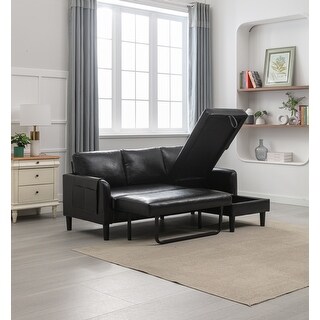 Black PU Leather Sectional Sofa with Pull-out Bed & Storage Chaise ...