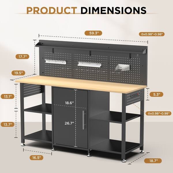 60 Inch Heavy Duty Workbench with Storage Cabinet (Not Include Stools ...