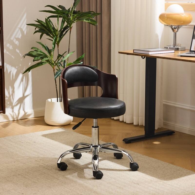 Ring-Shaped Wooden Back Office Chair With Foot Spikes And Wheels - Black