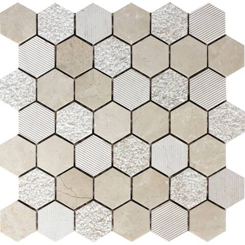 5 pack 11.8-in x 12-in Beige Honeycomb Hexagon Marble Polished and Etched Mosaic Floor and Wall Tile (4.92 Sq ft/case)