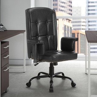 Adjustable Height Office Chair Executive Chair with High Backrest 45° Rotating Armrests PU Leather & Button Tufting