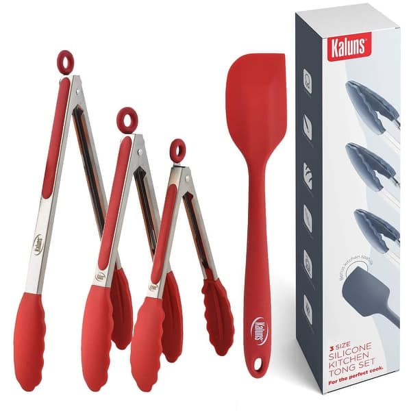 Tong Set, Silicone Tip and Stainless Steel Tongs - Red