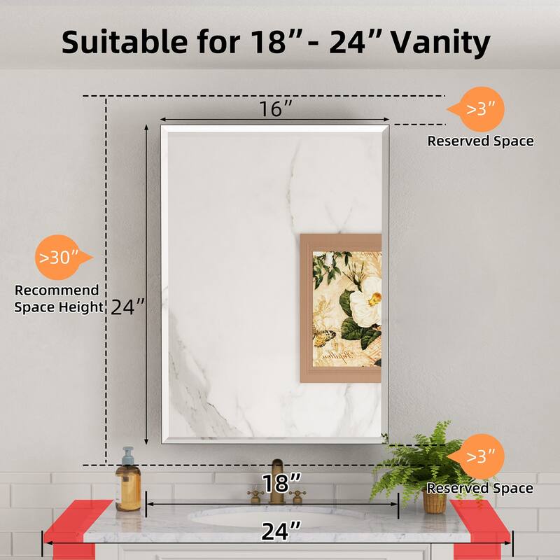 Belle Medicine Cabinet with Mirror, Adjustable Shelves, Recessed or Wall Mount