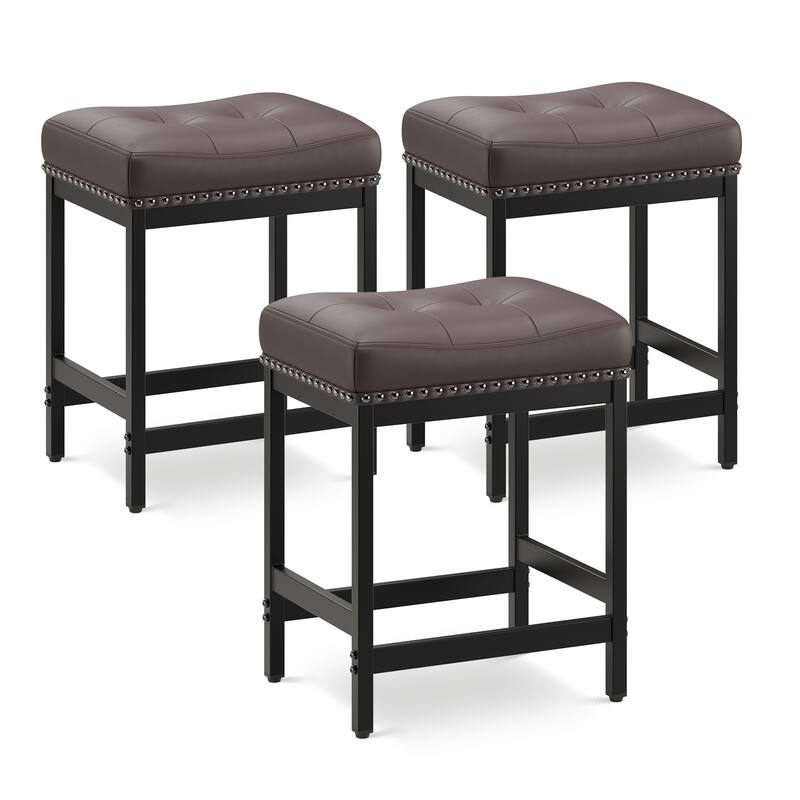 24.4" Backless Bar Stools Set of 2 - PU Leather Counter Height - Kitchen Island & Bar - Brown - Set of 3