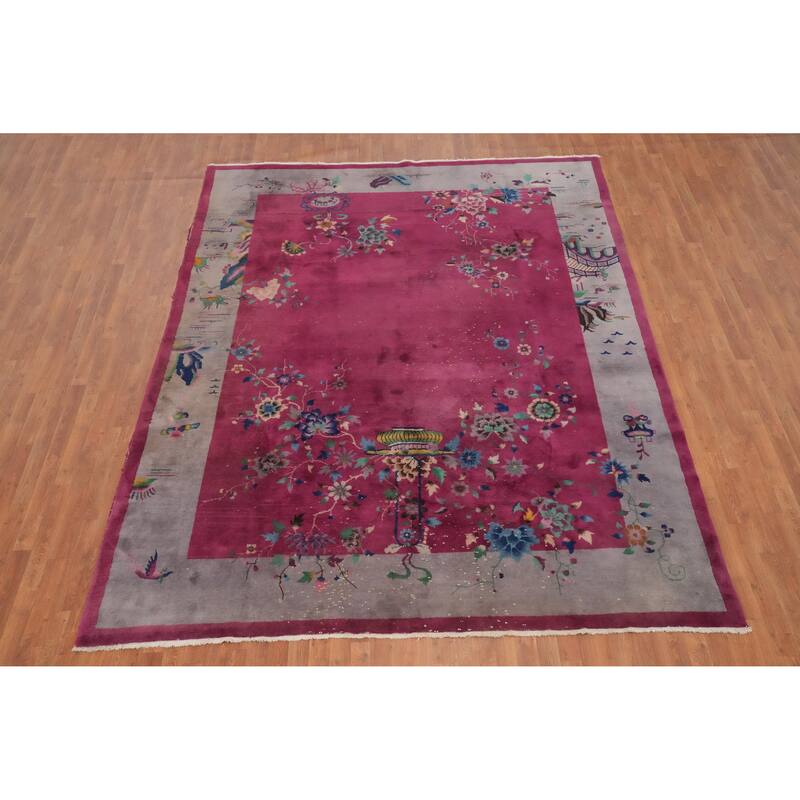 Hand Knotted Oriental 100% Wool Carpet Traditional Floral Pink Art Deco Nichols Area Rug - 11' 4'' X 8' 10''