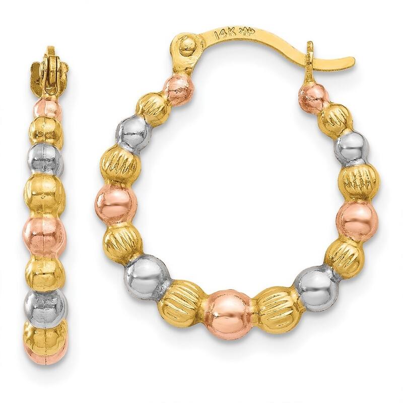 Curata 14k Yellow Gold 18mm White and Rose Rhodium Textured Bead Hoop Earrings