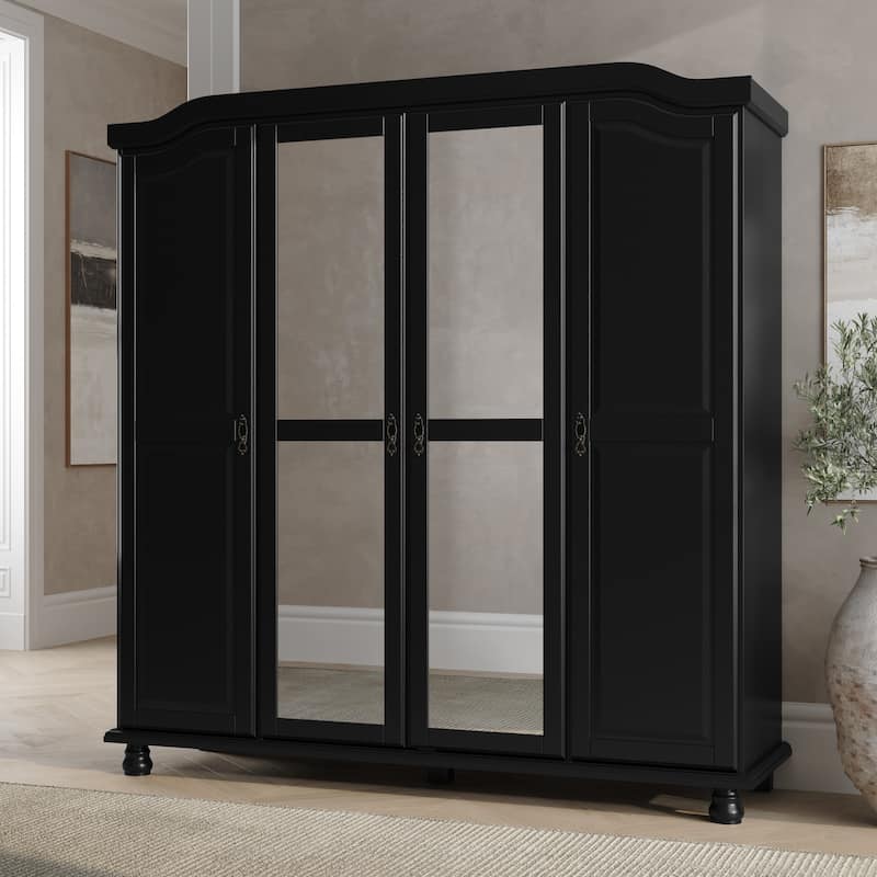 Palace Imports 100% Solid Wood Kyle 4-Door Wardrobe Armoire with Solid Wood or Mirrored Doors - Black-Mirror