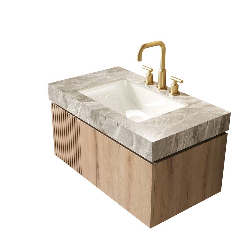 36" Bathroom Vanity & Sink, Floating Plywood Storage Cabinet with Drawer & Door, Sintered Stone Top & Ceramic Basin