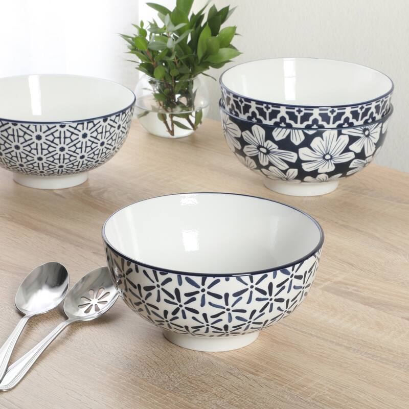 Gibson Home Castle Way 4-Piece Serving Bowl Set, 8 Inch Stoneware Bowls, Blue & White Assorted Pattern, Decorative Everyday Use
