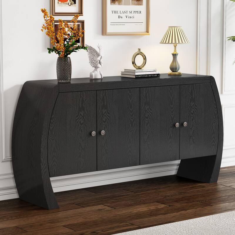4 Door Buffet Cabinet Kitchen Cabinet with Rounded Arc Legs and Antique Brass Handles, Sideboard with Built Shelves