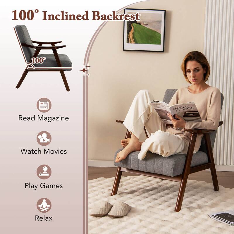 Gymax Modern Accent Chair Leathaire Leisure Armchair w/ Rubber Wood