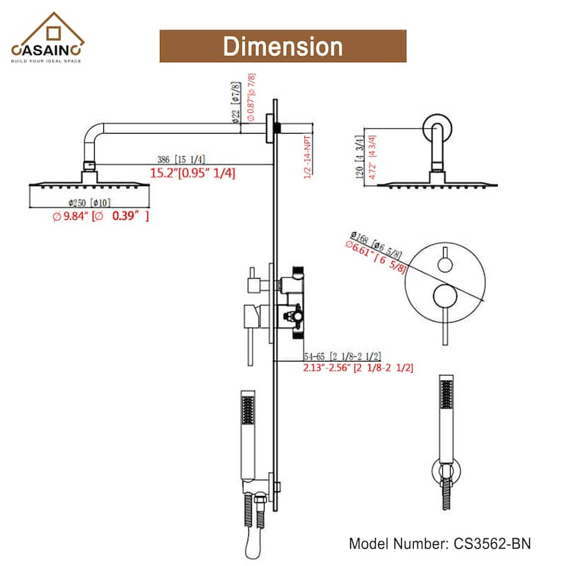 CASAINC 2-Function 10-In Wall Mounted Shower System