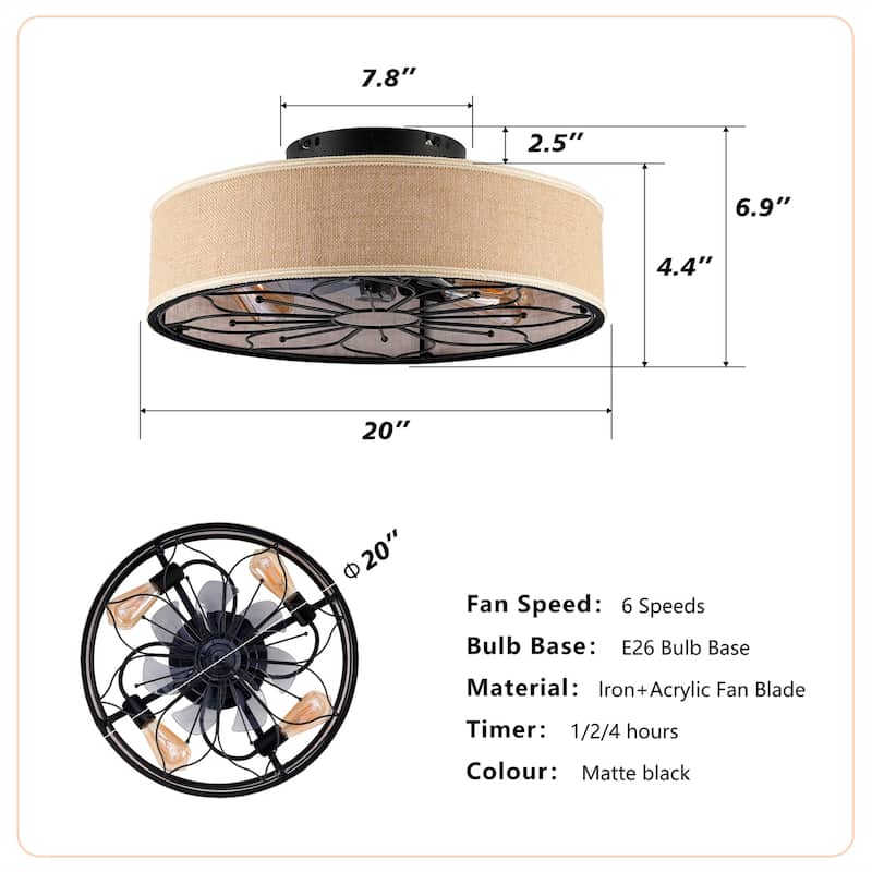 20" Lotus Design Fabric Farmhouse Bladeless Ceiling Fan w/ Remote Contro, NOT Included Bulbs