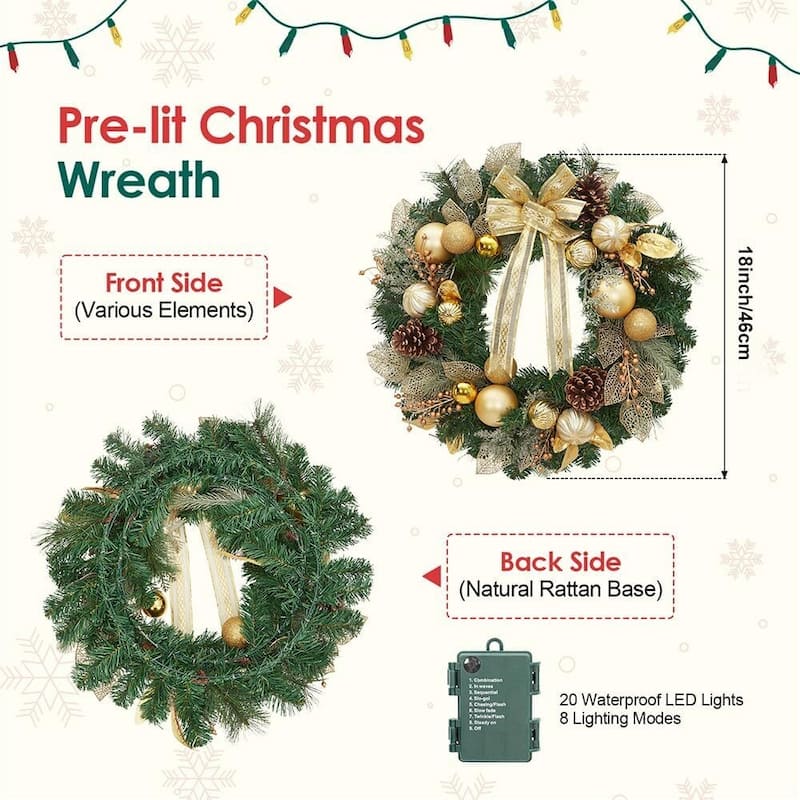 18 Inch Christmas Wreath with Christmas Balls, Pine Cones - N/A