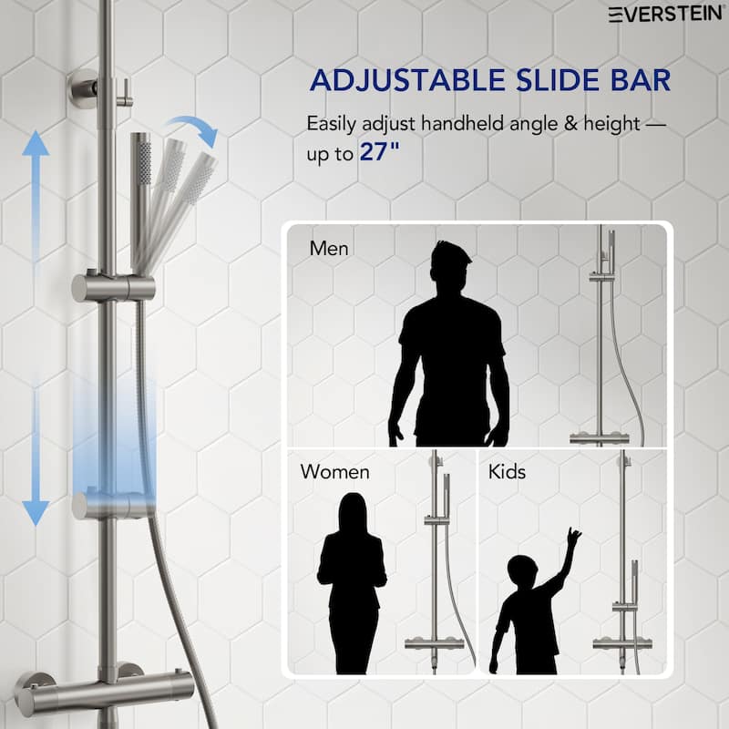 Height Adjustable Thermostatic Shower System with Tub Spout, 10" Rain Shower Head, Hand Shower, Brass Valve