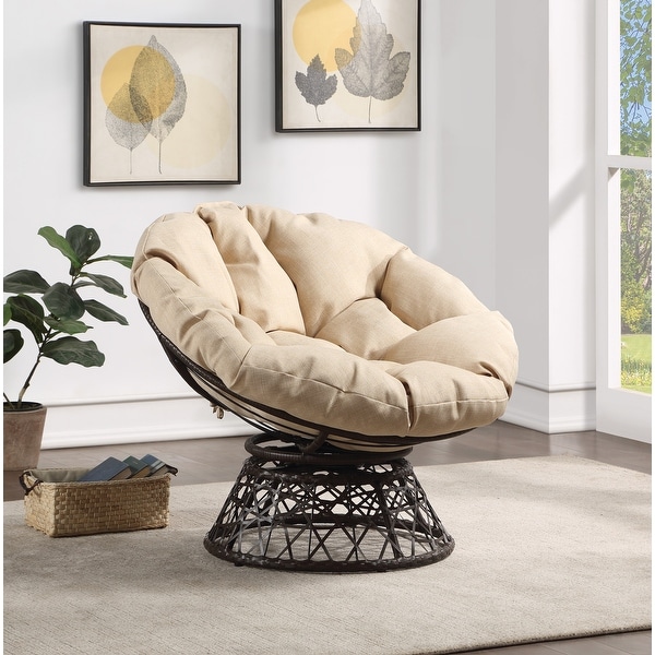 Papasan Chair with Cream Round Pillow Cushion and Brown Wicker