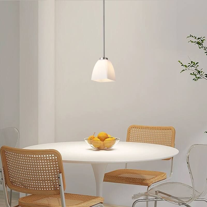 1-Light Brushed Nickel Mini Pendant with Pyramid Shaped Etched White Glass Shade