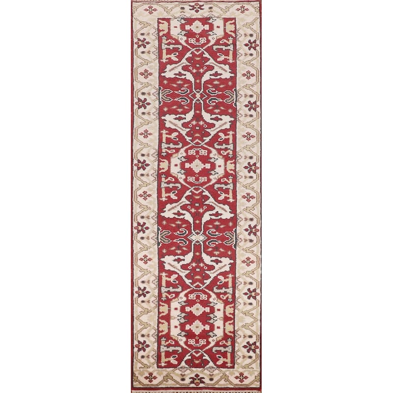 Red Oushak Indian Runner Rug Hand-Knotted Wool Carpet - 2'6"x 9'9"