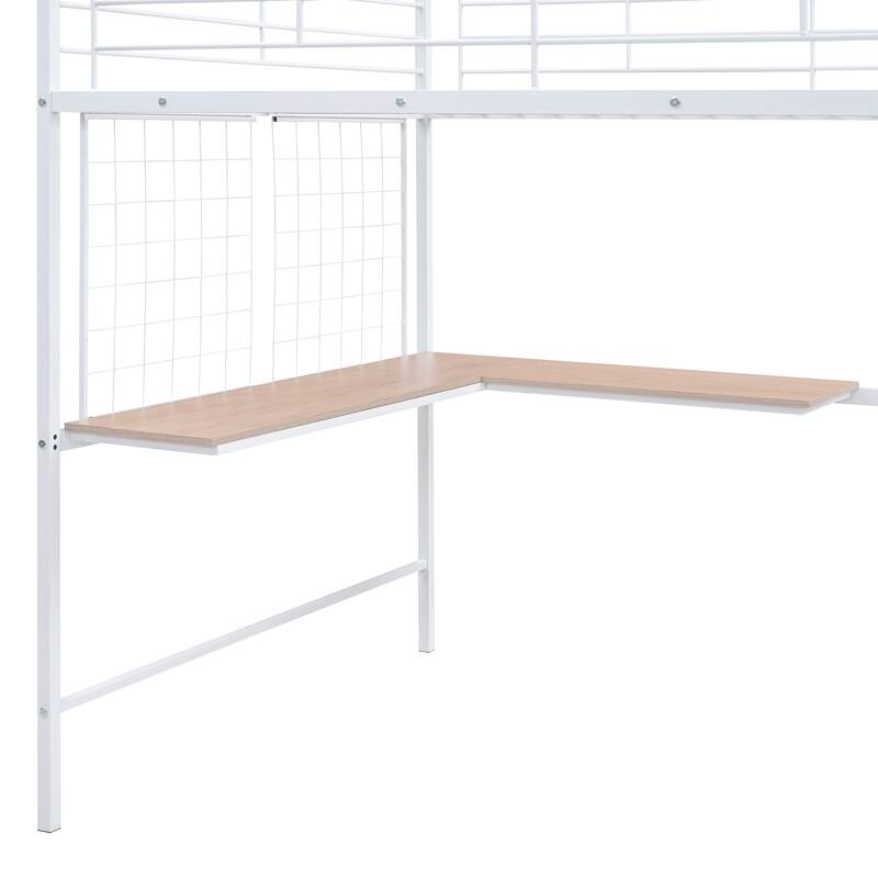 Full Size Metal Loft Bed with Desk and Metal Grid, Stylish Metal Frame Bed with Lateral Storage Ladder and Wardrobe