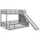 preview thumbnail 31 of 38, Twin Over Full Size Floor Bunk Bed with Slide and Safety Guardrails, Wooden Bunk Bedframe with Storage Staircase and Fence