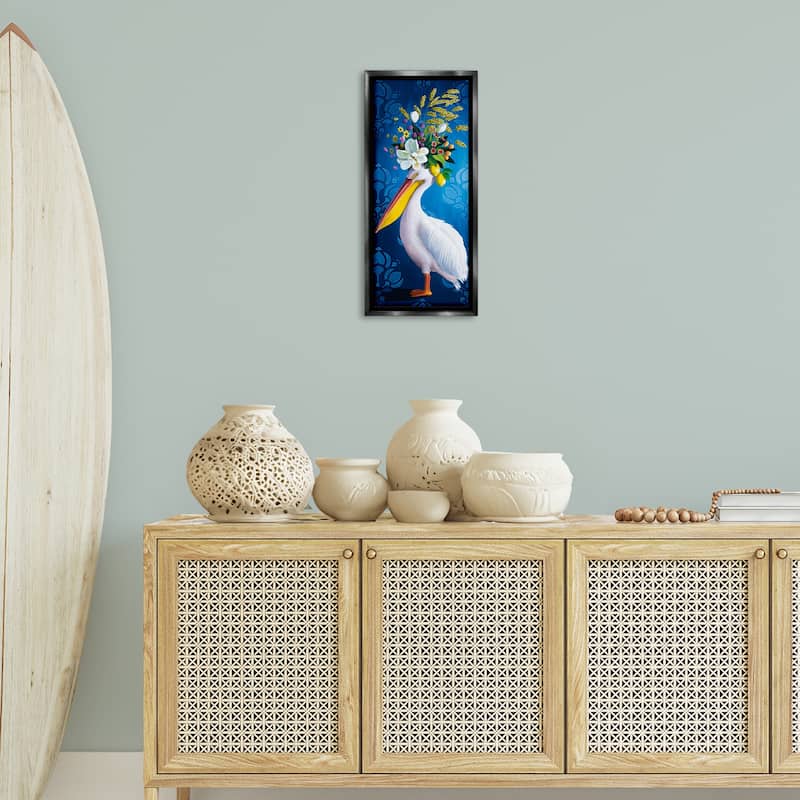 Stupell Floral Pelican over Damask Framed Floater Canvas Wall Art Design By Heather Gauthier