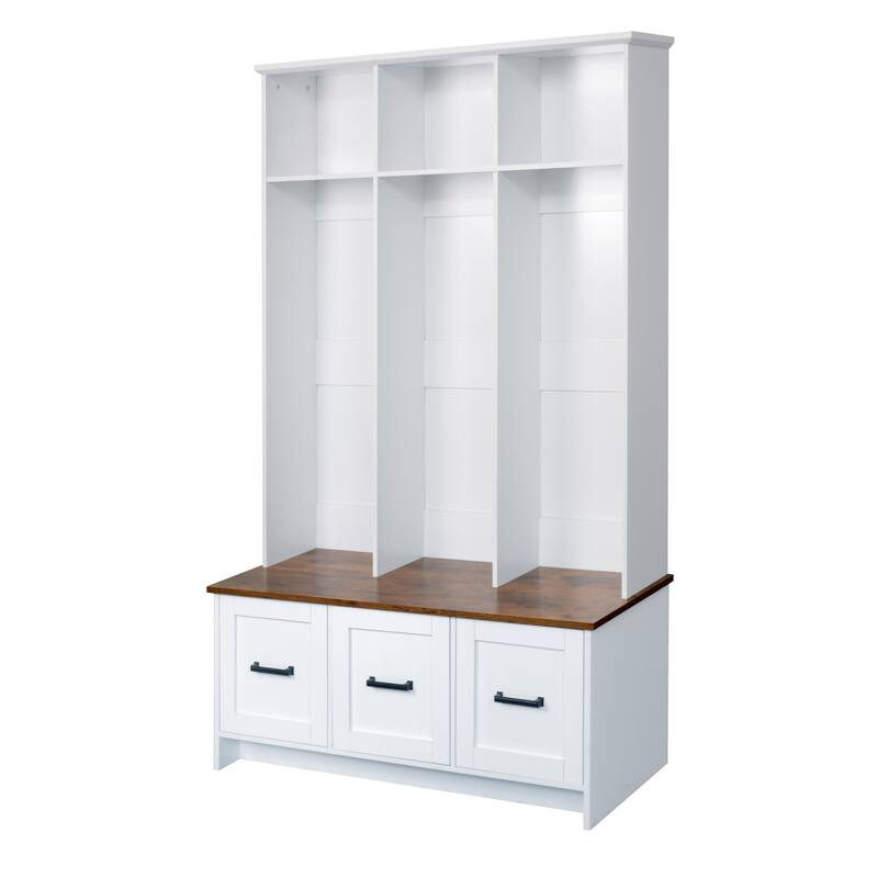 Modern Coat Rack with Storage Bench Entrance Bench with 3 Shelves and Drawers, for Hallway Entryway Living Room