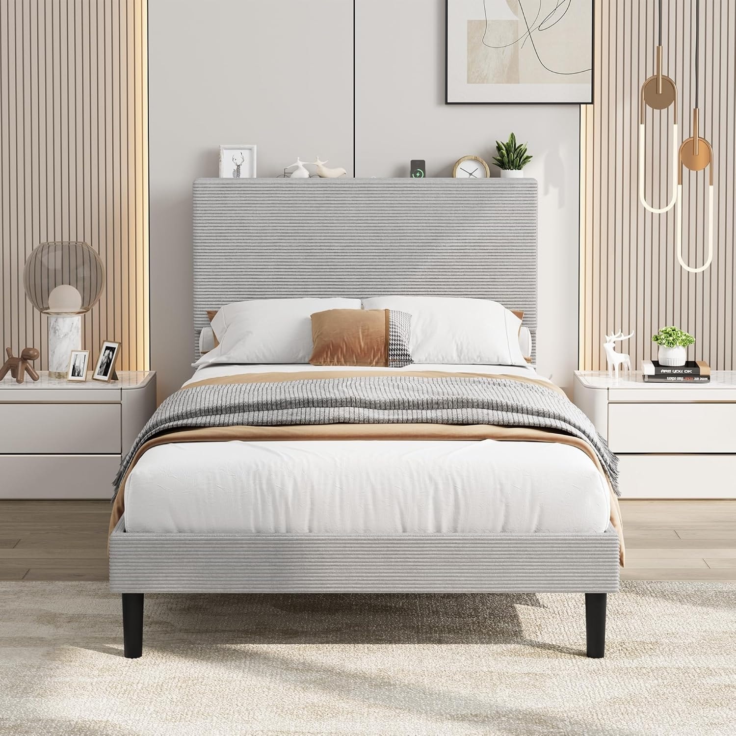 Twin Bed Frame – Corduroy Upholstered, USB Charging, Adjustable Headboard, No Box Spring, Beige