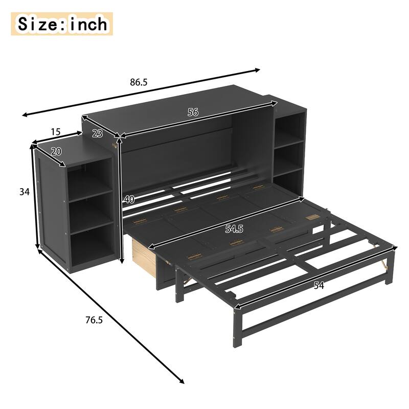 Full/Queen Size Murphy Bed with Storage Drawers and Shelves, Space-Saving Foldable Wall Bed for Guest Room