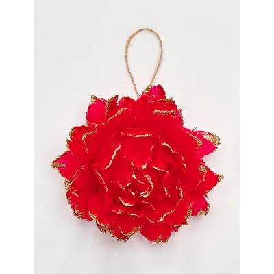 3" Glittered Tip Feather Flower Ornament, Red, Set of 6
