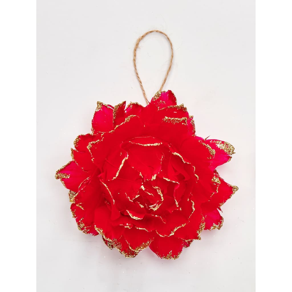 3" Glittered Tip Feather Flower Ornament, Red, Set of 6