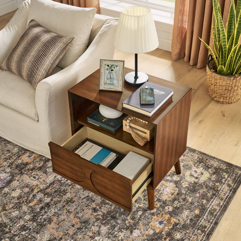 Mid Century Modern Walnut Nightstand with USB Ports, Outlet Hole, Drawer & Open Shelf, Fluted Design, MDF Frame