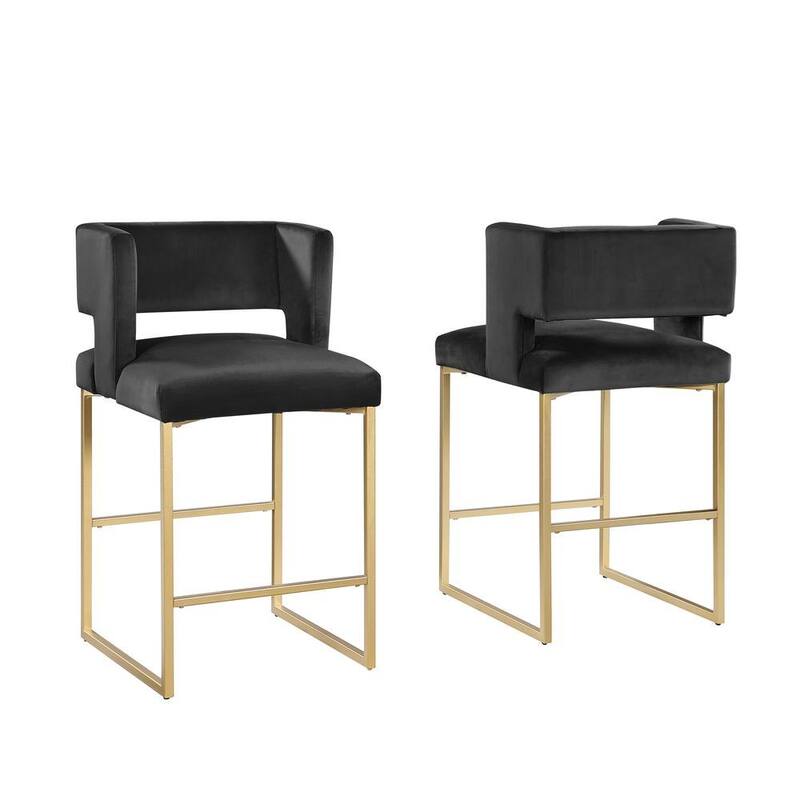 27 Inch Counter Stool Set of 2 with Soft Padded Black Velvet Upholstery, Gold Metal Legs, Kitchen Side Stool
