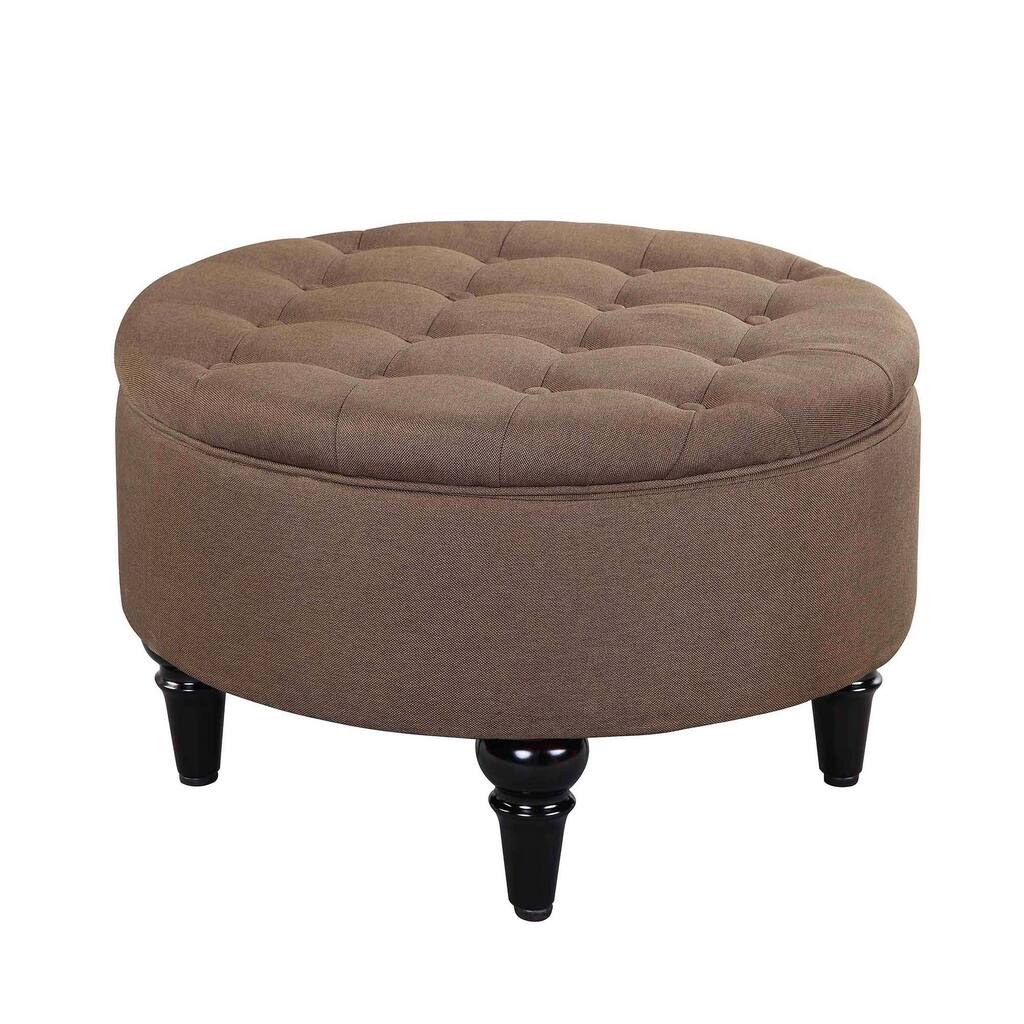 Round Storage Ottoman with Tray Top, Brown