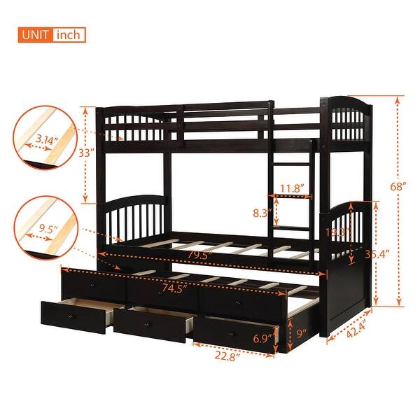 dimension image slide 0 of 4, Twin Bunk Bed with Trundle, Ladder, Safety Rail and 3 Drawers