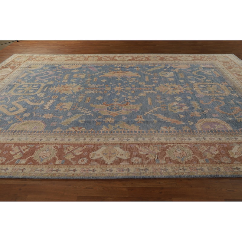 Hand Knotted Oriental 100% Wool Carpet Transitional All-Over Navy Blue & Blues Oushak Area Rug - 13' 11'' X 9' 9''