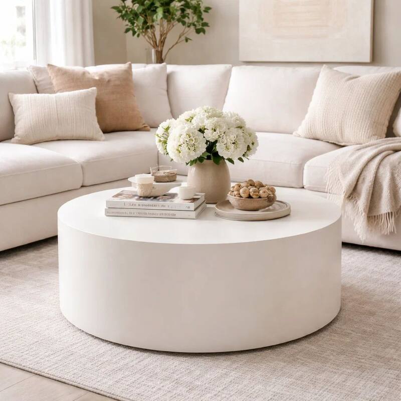 Viko Round Coffee Table, White Wood Faux Concrete Finish, 39 Inch